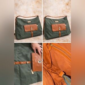 “Adrienne Vittadini Green Nylon Shoulder Bag with Brown Leather Trim”